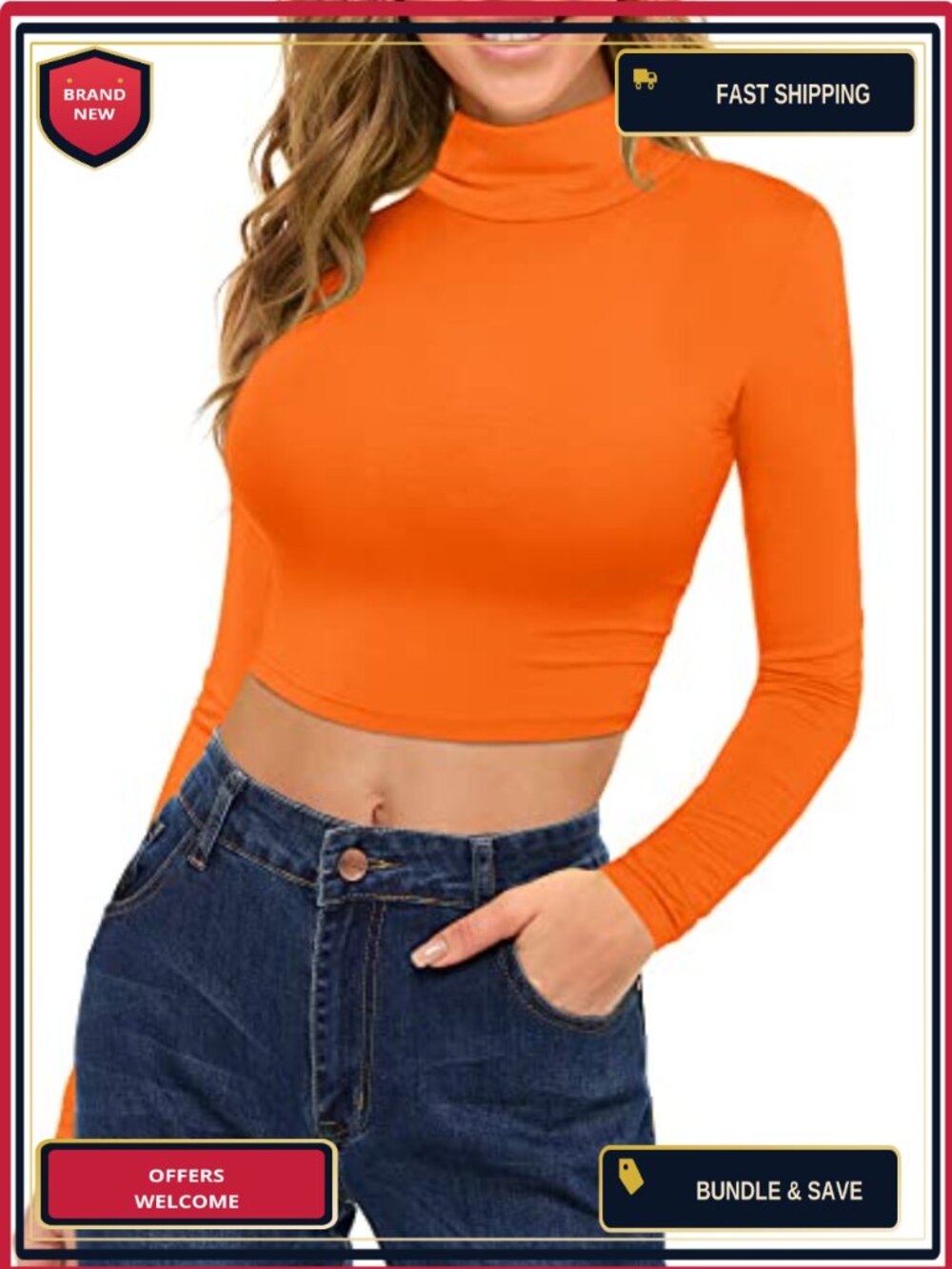 Womens Long Sleeve Turtleneck Crop Top Slim Fit Pull On